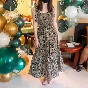 Tie shoulder smocked leopard cheetah midi dress